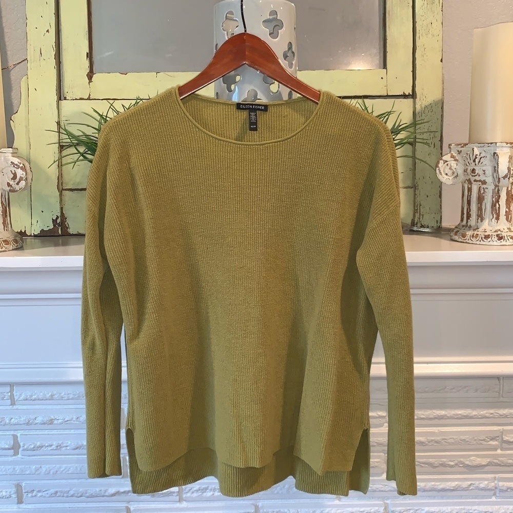 Eileen Fisher Green Italian Yarn Organic Linen Cotton Scoop Neck Sweater XS